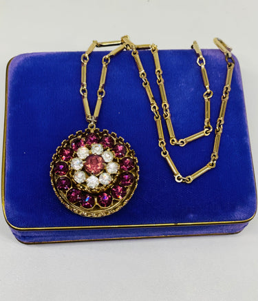 1960s Purple Rhinestone Circle Pendant Necklace Jewelry Bloomers and Frocks